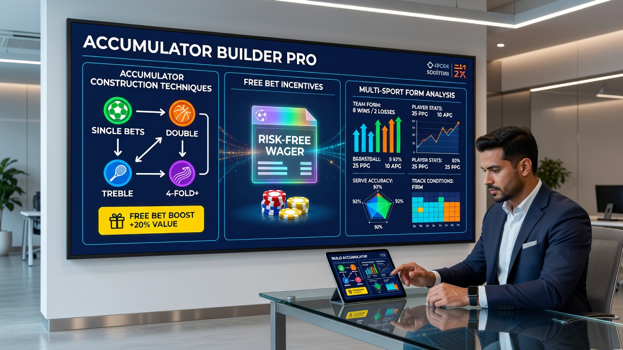 Accumulator building process illustration showing multi-sport data charts and bet slips