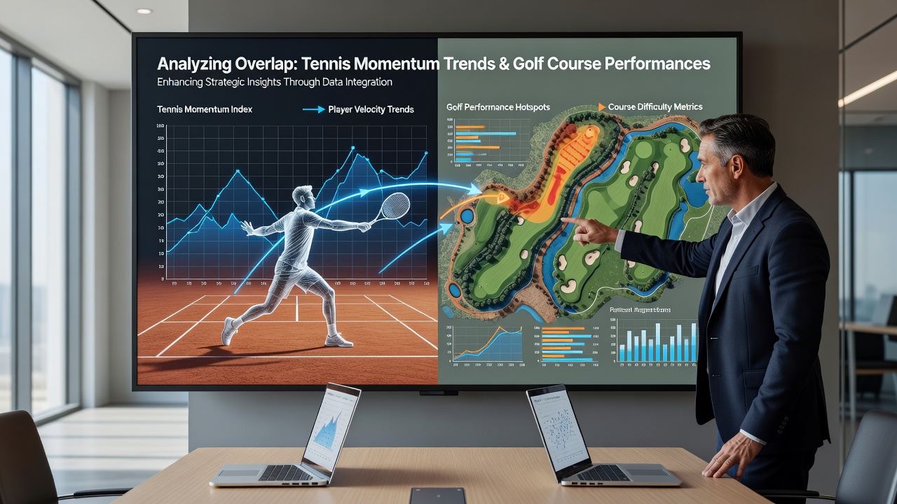 Split-screen view of tennis match statistics overlay and golf course yardage book with performance charts