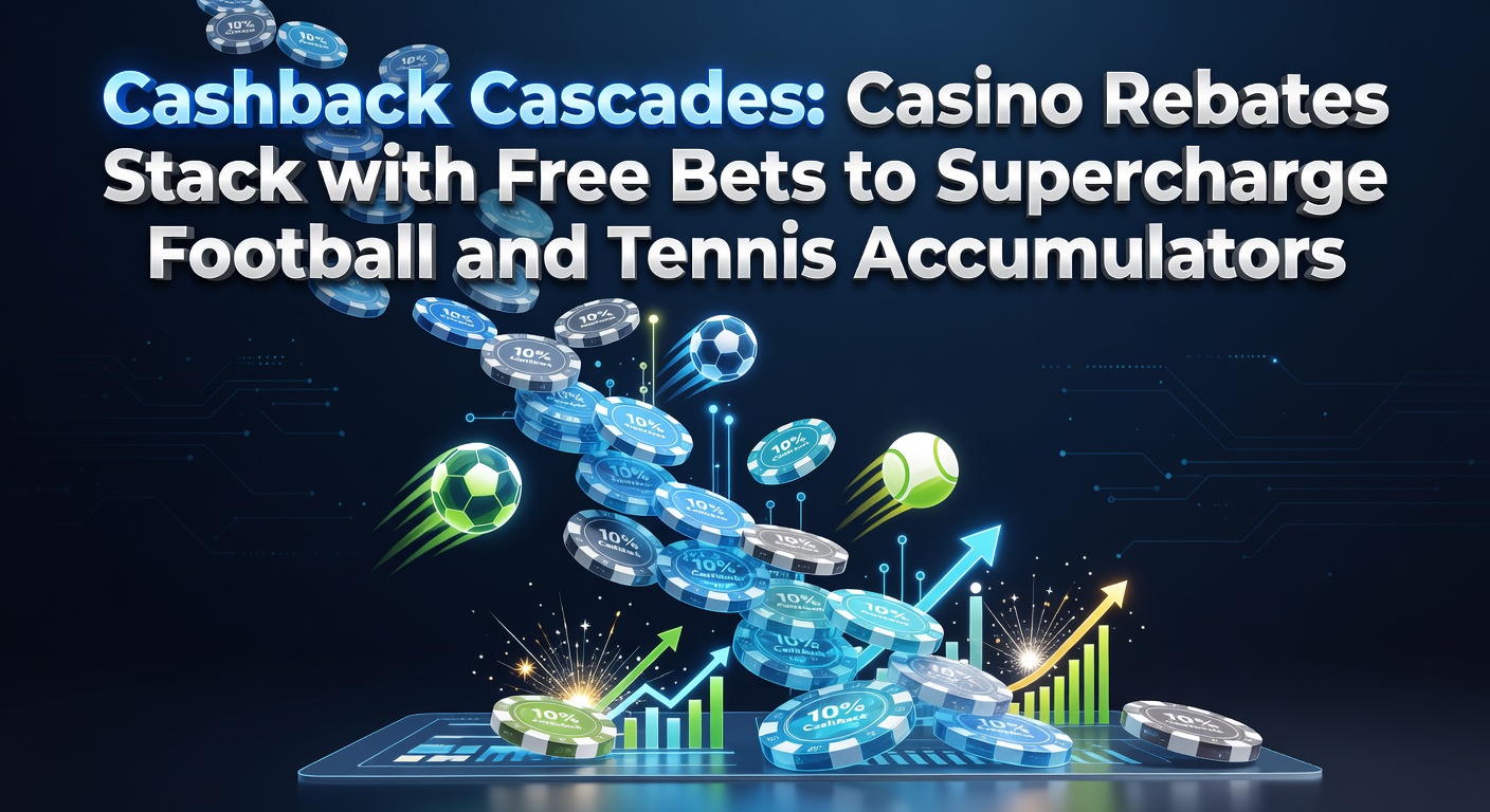 Vibrant casino slots and sports betting screens merging, illustrating cashback rebates flowing into accumulator bets on football matches and tennis courts