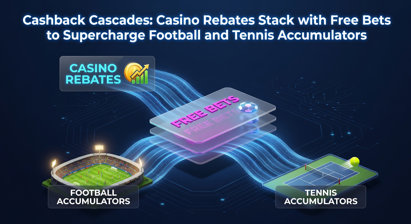 Dynamic graphic of cashback coins pouring into a football accumulator ticket alongside tennis match odds, symbolizing rebate stacking for boosted payouts