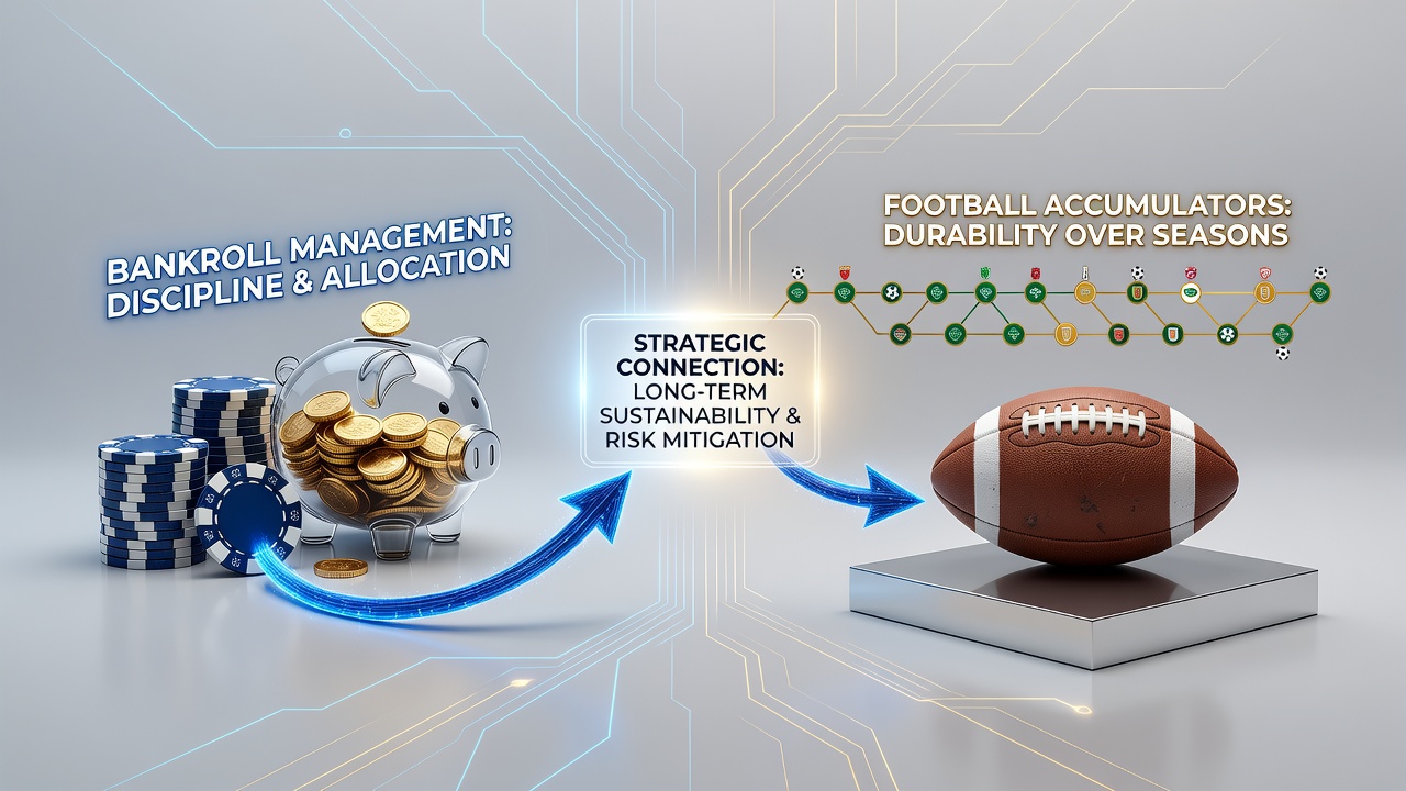 Casino chip stacks beside a football pitch representing bankroll allocation strategies