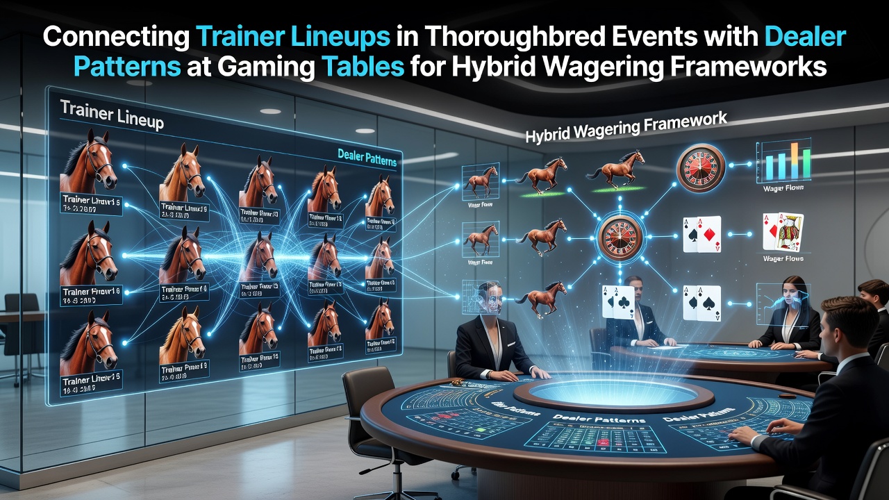 Thoroughbred racing trainers analyzing lineup data alongside casino gaming tables in a hybrid wagering setup