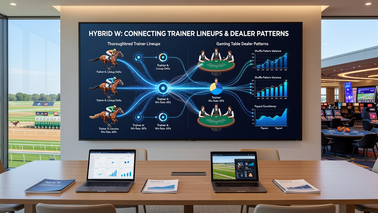 Hybrid wagering dashboard displaying trainer lineups next to live dealer pattern metrics at gaming tables