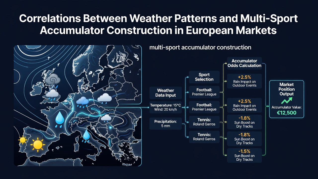 European weather maps overlaid wth sports betting data visualizations showing temperature and precipitation impacts across multiple leagues