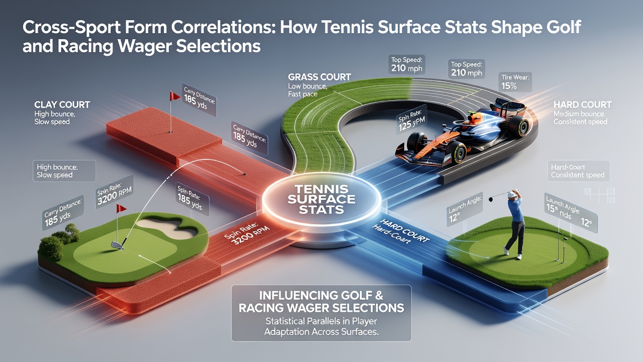 Tennis court surface with golf fairway overlay showing statistical correlations