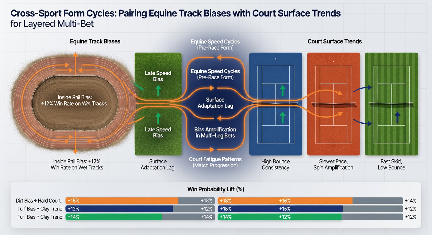 Tennis player on grass court next to horse racing track with overlaid statistical bias charts