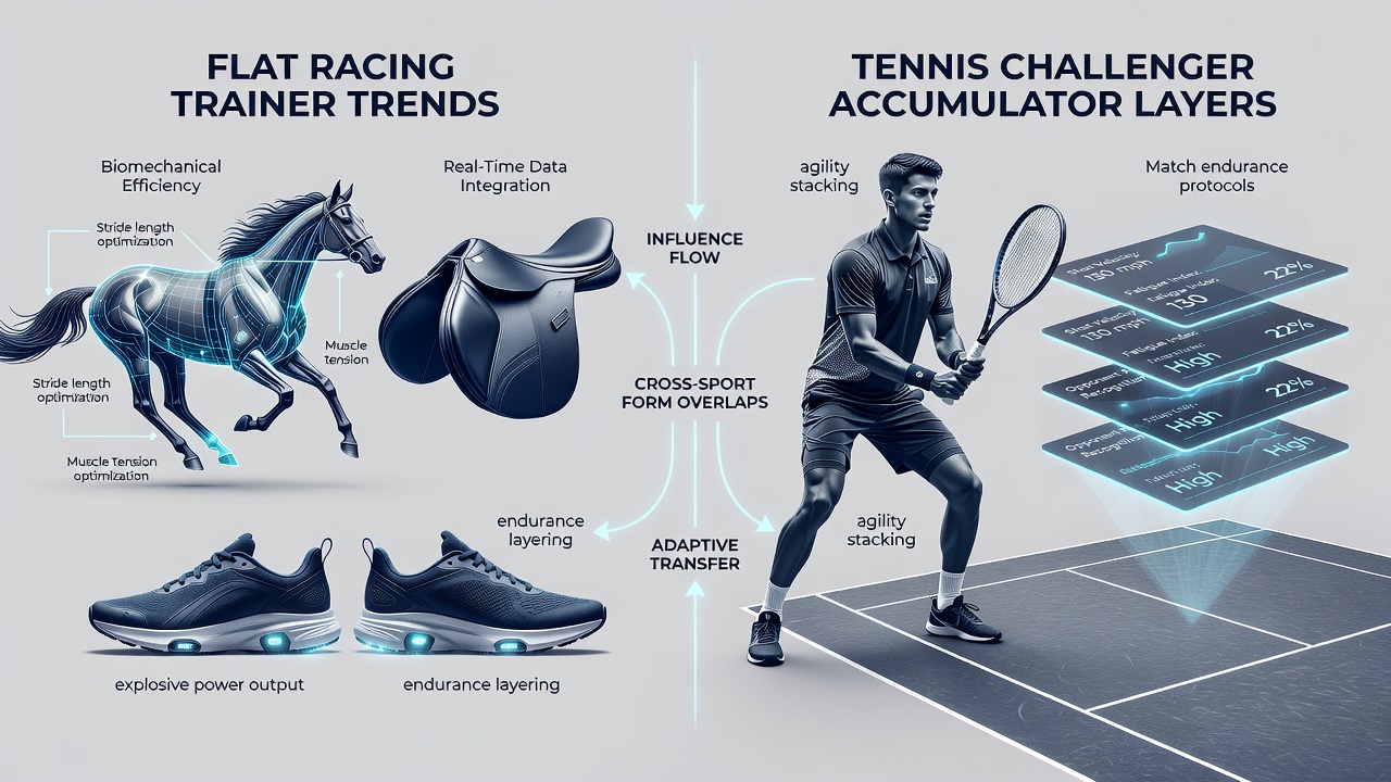 Tennis challenger match in progress with overlay graphics showing form trend connections to racing trainer data