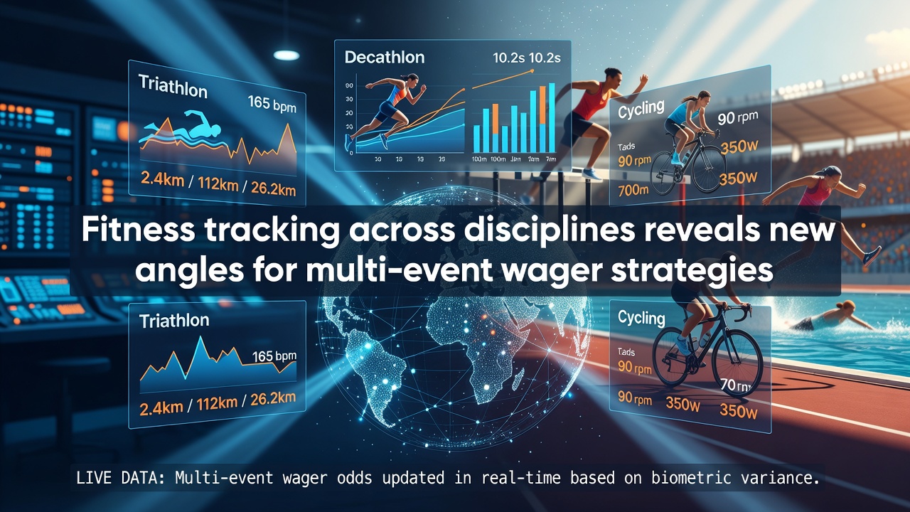 Athletes wearing fitness trackers during a multi-sport training session with data overlays showing heart rate and performance metrics
