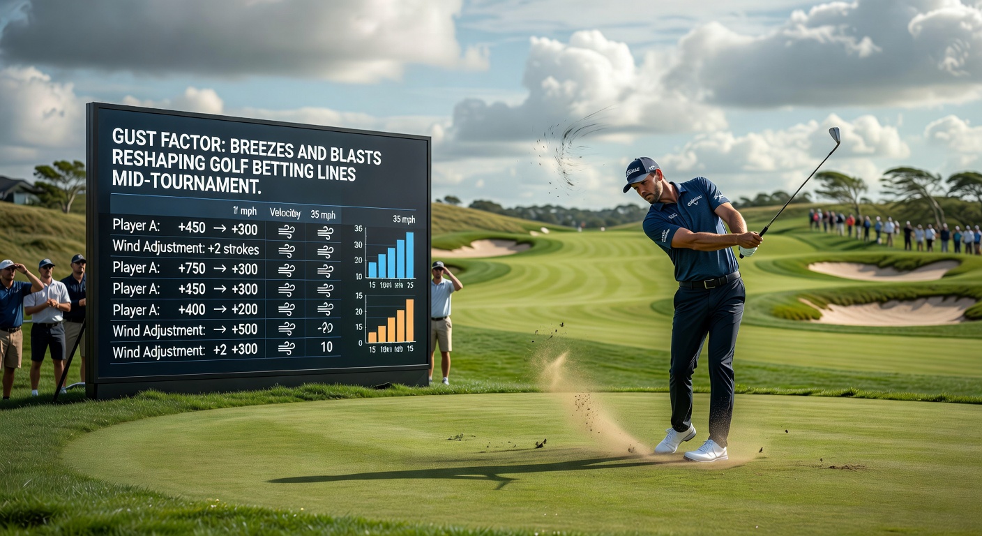 Golfer battling strong winds on a coastal course, ball hovering mid-air against turbulent skies