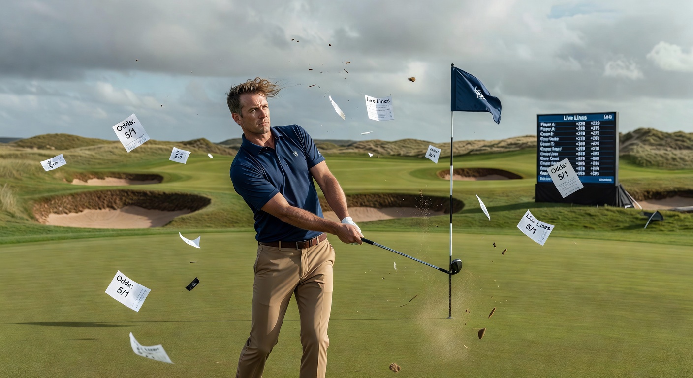 Betting interface displaying shifting golf odds amid wind icons and live course cams
