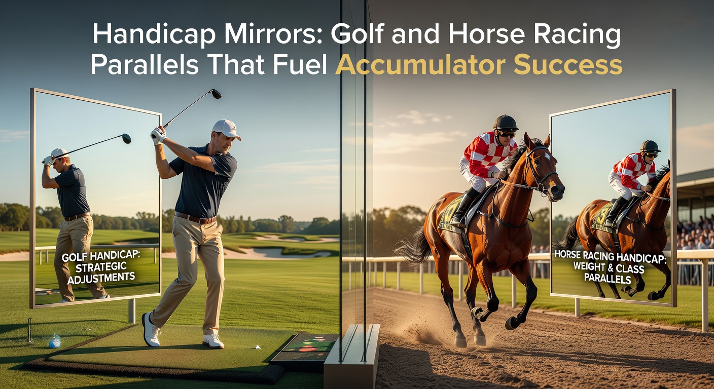 Golfers on a course with horse racing track in background, illustrating handicap parallels