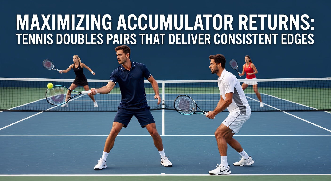 Two tennis players executing a precise doubles volley at net during a high-intensity match, showcasing teamwork and edge in accumulator betting