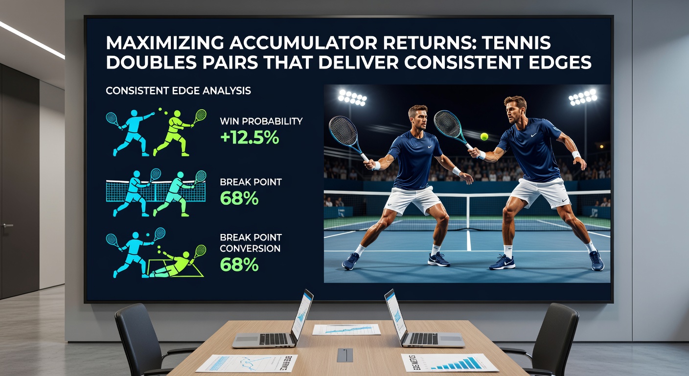 Dynamic tennis doubles rally on clay court with players diving for volleys, highlighting pairs that excel in accumulator strategies for steady returns