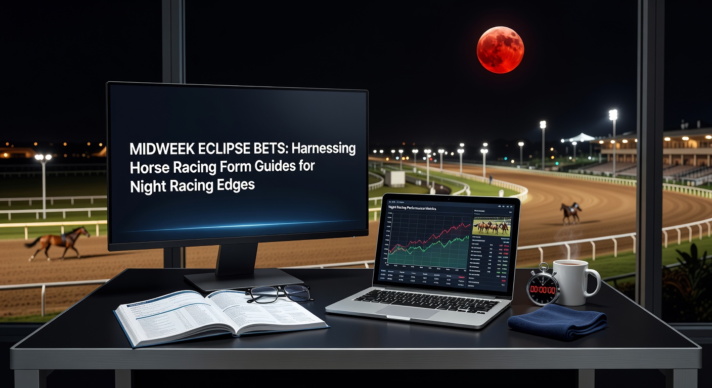 Horse racing under floodlights at a midweek night meet, with form guides highlighted on a nearby screen