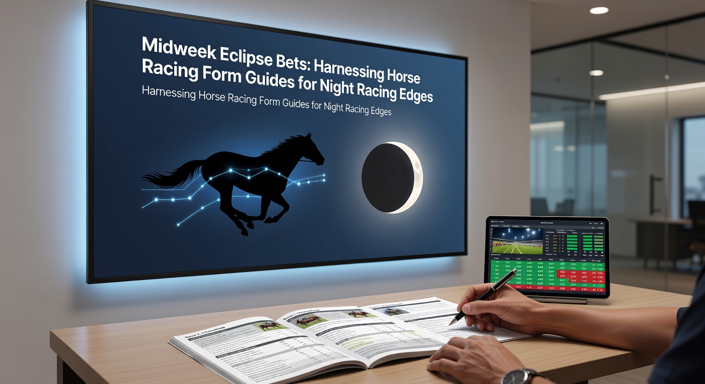 Close-up of a detailed horse racing form guide page open on a tablet during a night race, spotlighting key stats like night performances and trainer records