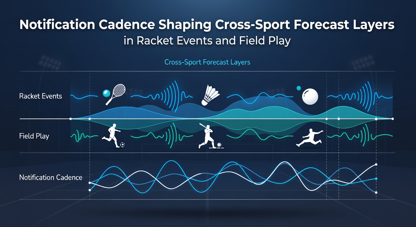 Diagram showing notification timing patterns overlaid on tennis court and baseball field layouts
