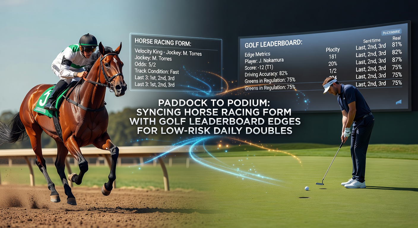 A vibrant scene blending a horse racing paddock at dawn with a golf leaderboard glowing under stadium lights, symbolizing the fusion of track speed and fairway precision