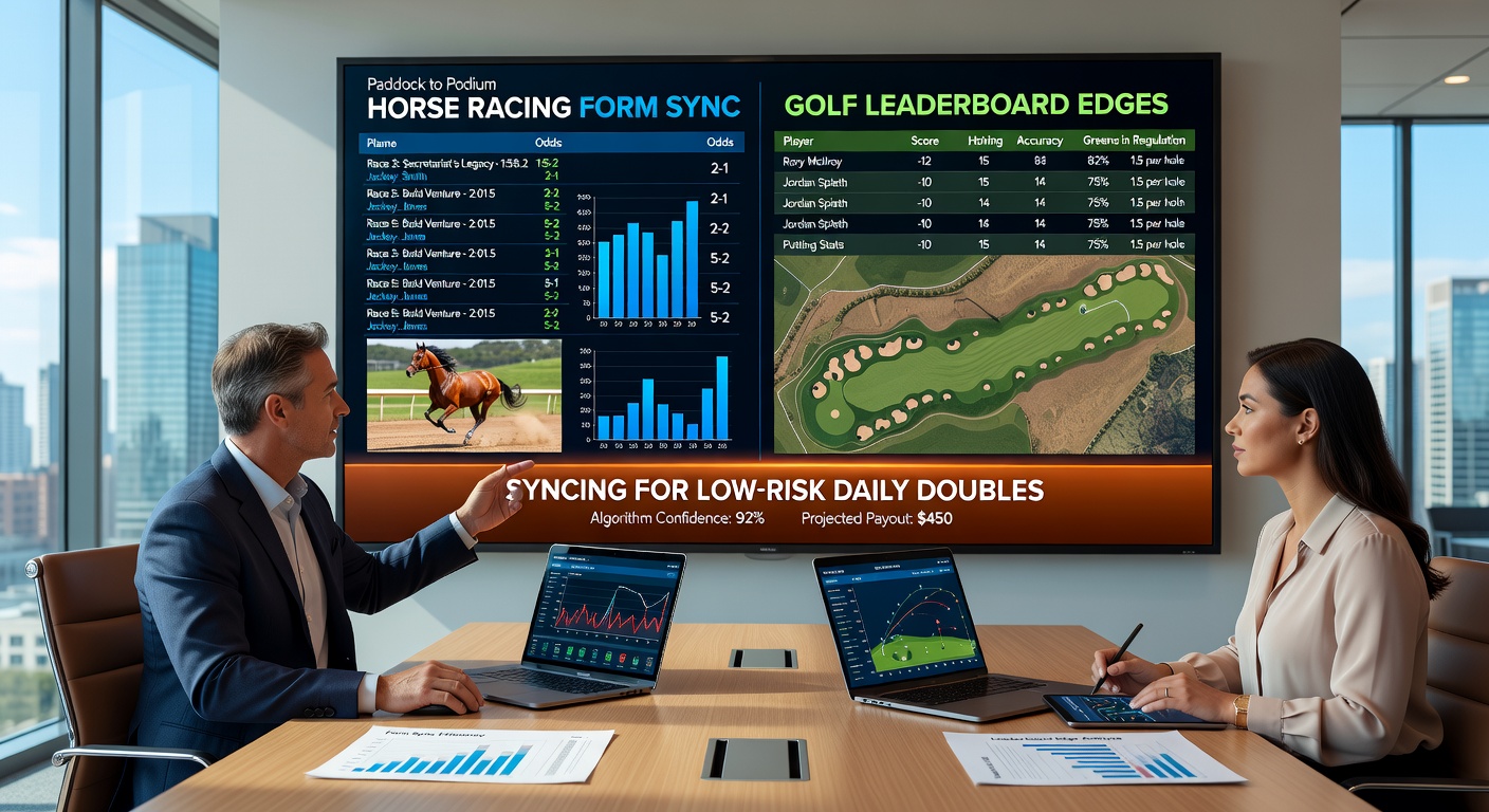 Close-up of a golf leaderboard displaying late surges alongside a horse racing form sheet marked with winning patterns, illustrating synced betting insights
