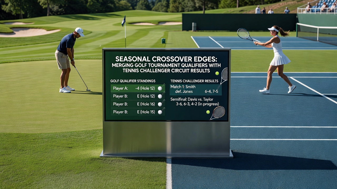Tennis challenger match in progress with overlaid golf course imagery representing crossover betting edges