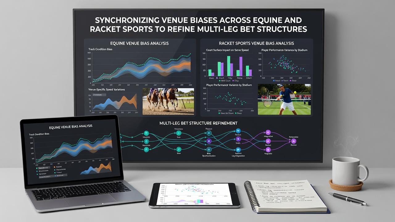 Side-by-side comparison charts of horse racing draw biases and tennis court surface statistics used in multi-leg betting models