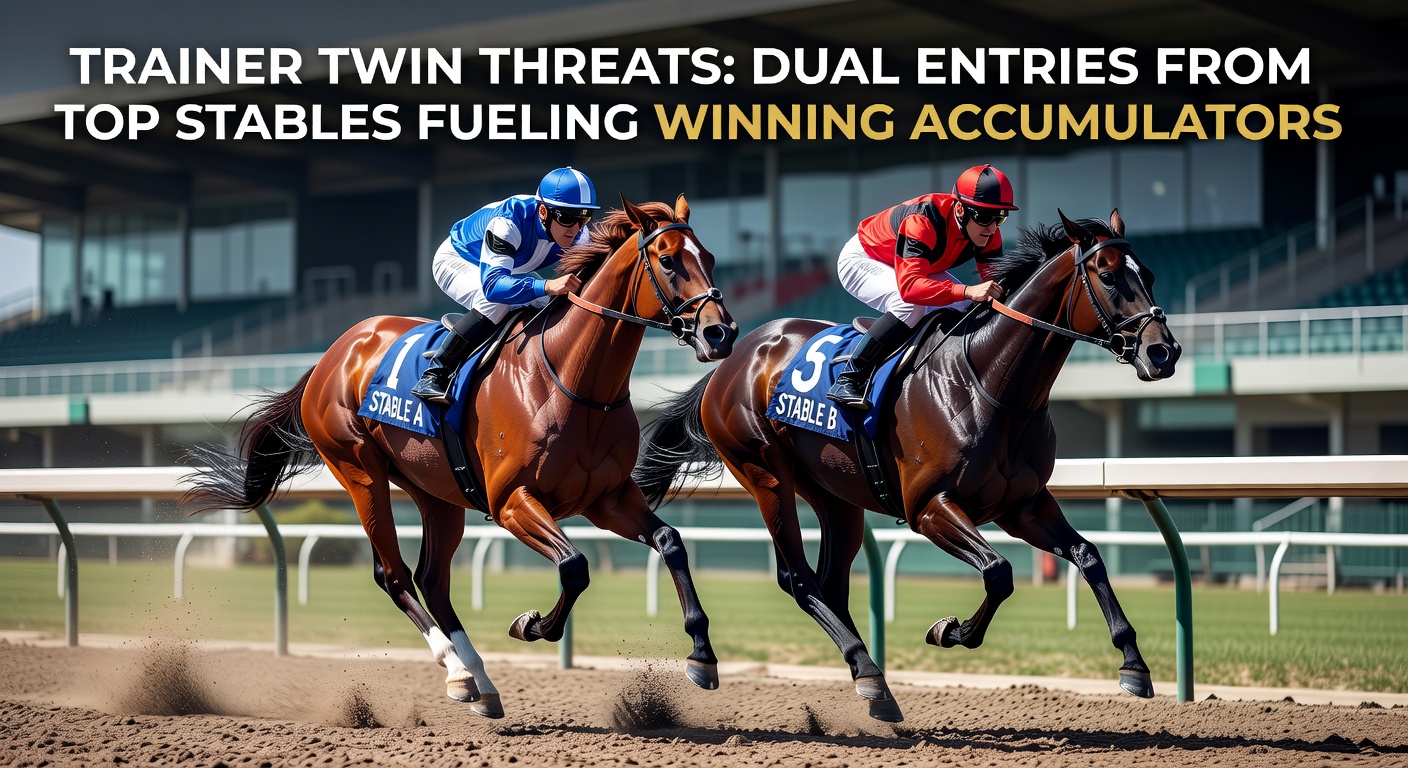 Horses charging down the straight with dual entries from a top stable neck and neck, symbolizing the twin threat in racing accumulators