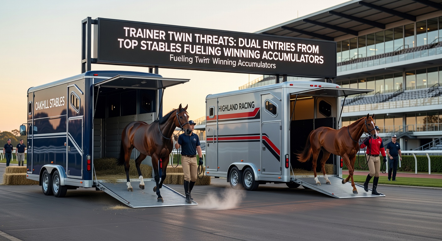 Close-up of a top trainer discussing tactics with jockeys before a race featuring dual stable entries, highlighting strategic preparation for accumulator bets