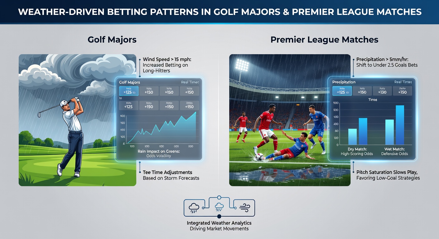 Golfers navigating a stormy major tournament course with rain-slicked greens and wind-swept fairways, while Premier League players battle a waterlogged pitch under gray skies