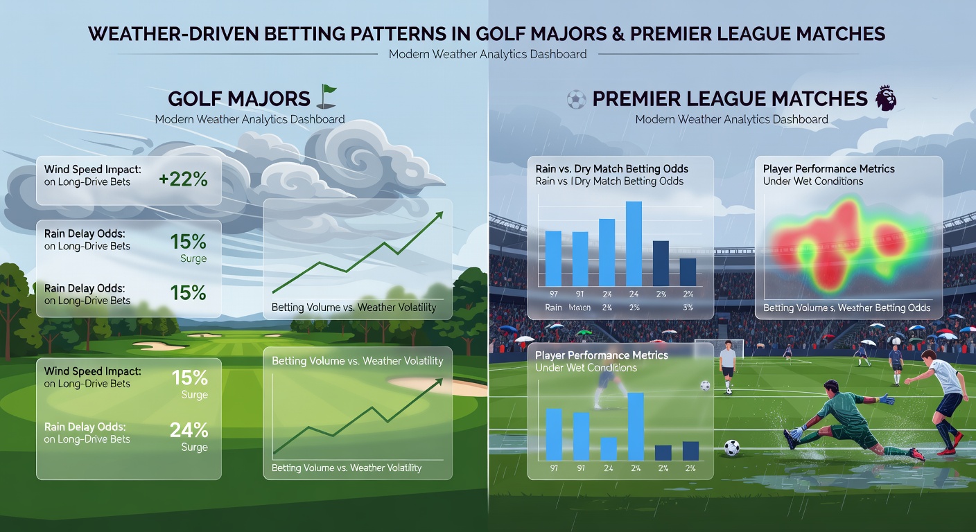 Premier League soccer match under pouring rain with players slipping on a flooded pitch, overlaid with golf major stats charts showing wind speed impacts on leaderboards