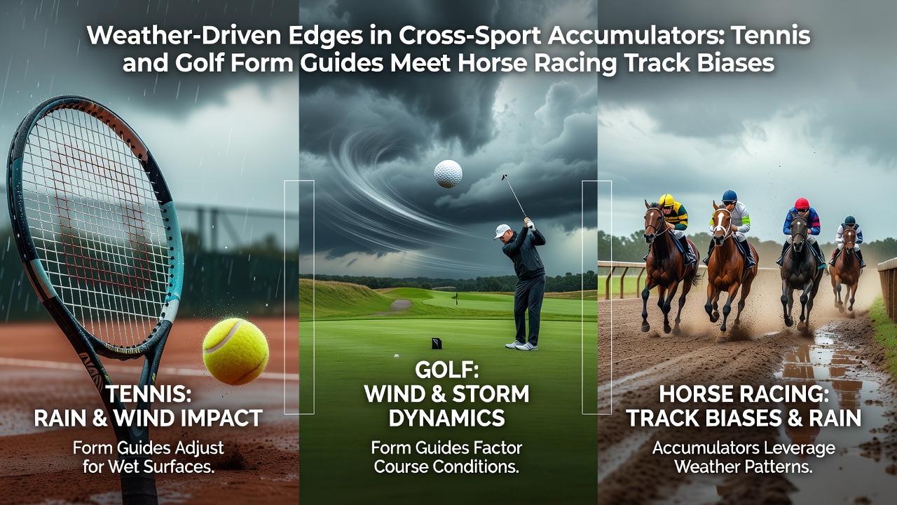 Weather impacts across tennis courts, golf courses, and horse racing tracks create interconnected betting patterns in accumulators